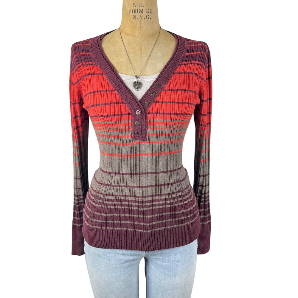 Henley Long Sleeve Ribbed Striped Y2K Sweater Indie Sleaze Layering Size M L